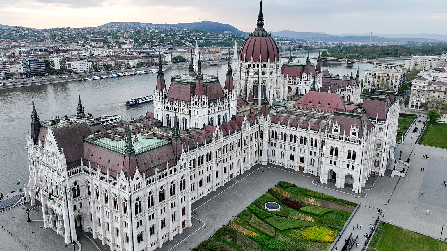 In this picture taken by a drone shows the Hungarian Parliament building, in Budapest, Hungary, Thursday, April 16, 2026. (Tibor Illyes/MTI via AP)