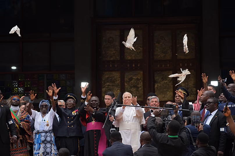 Pope Leo XIV frees a white dove at the end of a meeting for peace at Saint Joseph's Cathedral in Bamenda, 16 April, 2026