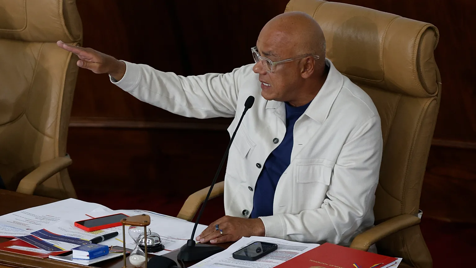 Jorge Rodríguez gestures during a debate on a mining bill at the National Assembly in Caracas, 9 March 2026.