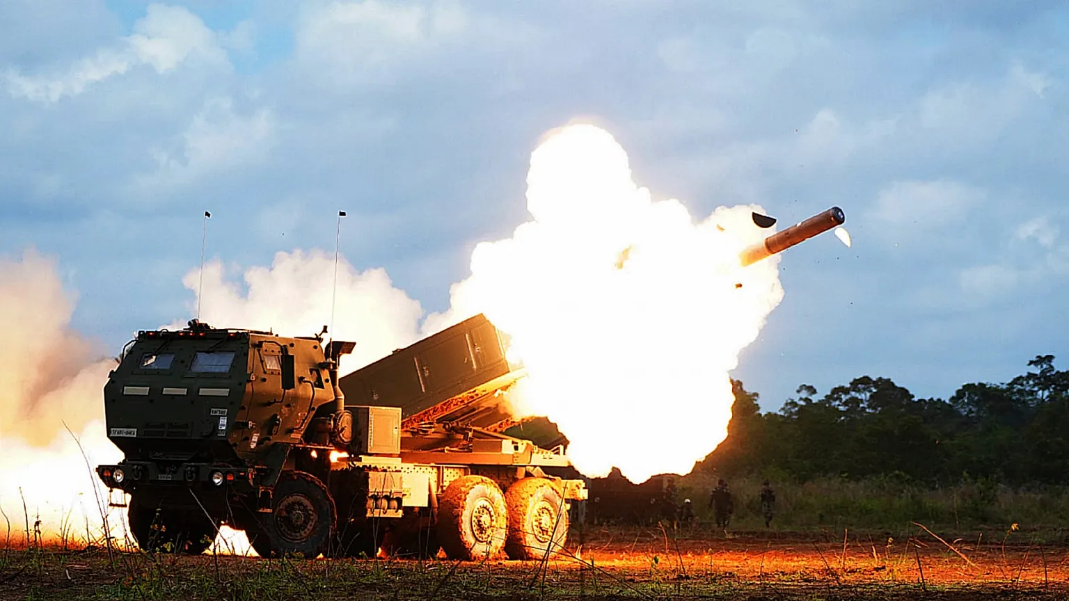A rocket is launched from a US Army's High Mobility Artillery Rocket System (HIMARS)