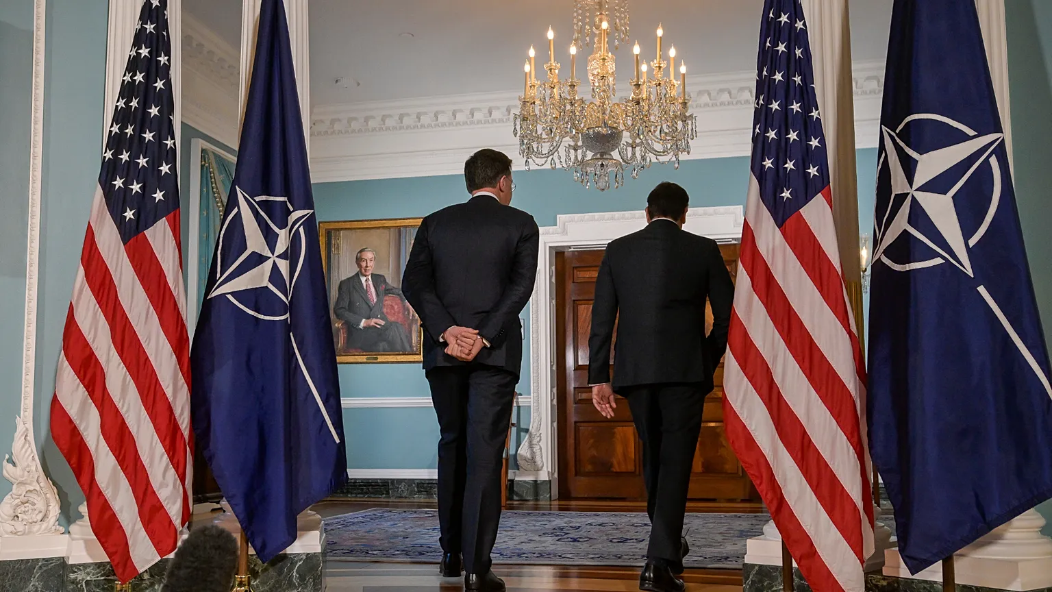 Secretary of State Marco Rubio, right, and NATO Secretary General Mark Rutte, left, depart a photo opportunity at the State Department, April 8, 2026, in Washington.