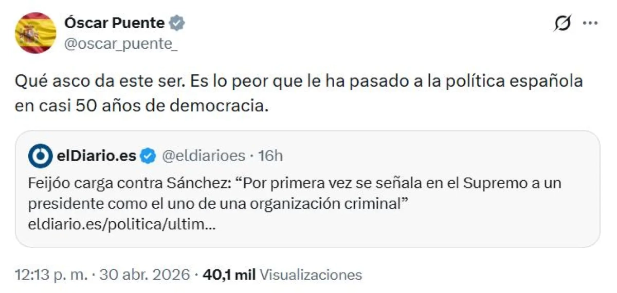 El tuit publicado este jueves por el ministro Óscar Puente, en el que carga contra Feijóo.