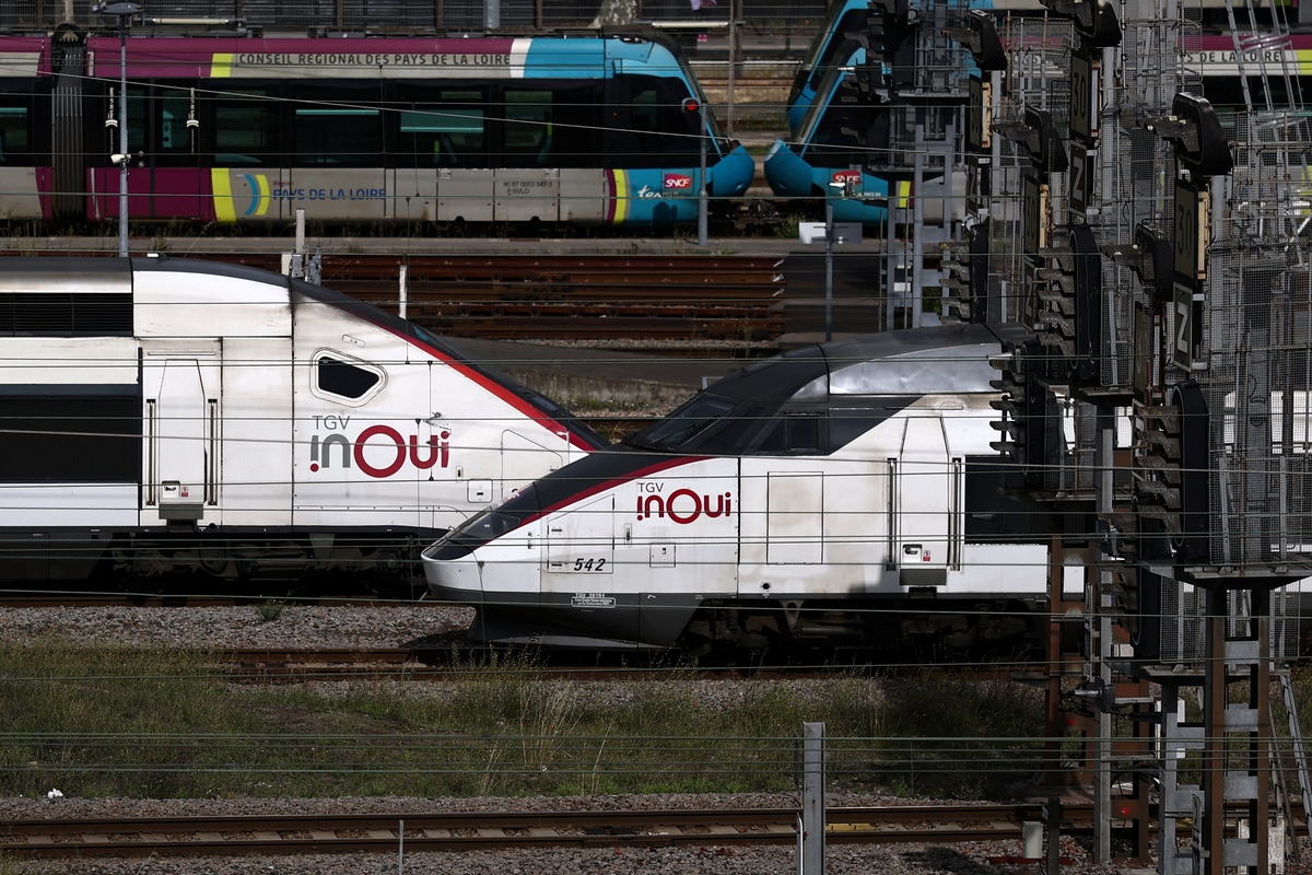 TGV high speed trains are seen at the railway station in Nantes two days before a strike by French state-owned railway SNCF workers, France, September 16, 2025. REUTERS/Stephane Mahe