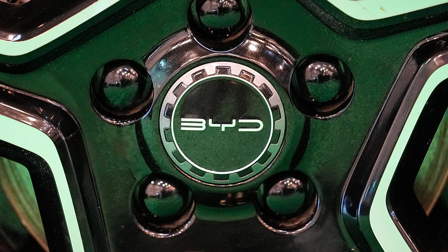 The wheels of an electric car of Chinese car maker BYD is on display at the Essen Motor Show in Essen, Germany, Friday, Dec. 1, 2023. 