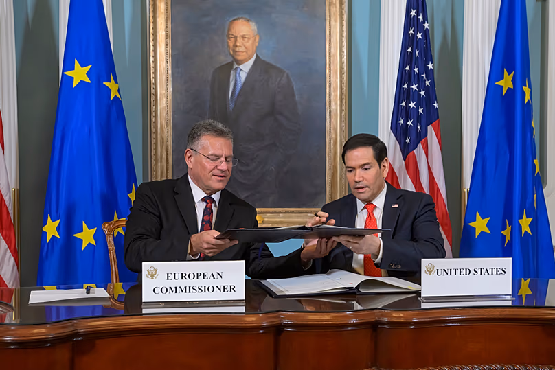 Secretary of State Marco Rubio and EU Commissioner for Trade and Economic Security Maroš Šefčovič at the State Department, Friday, April 24, 2026, in Washington. 