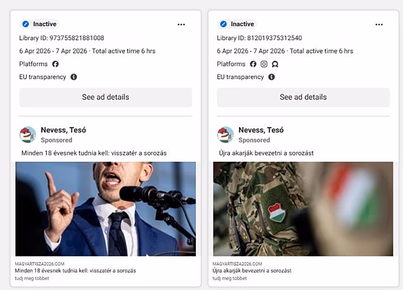 Facebook ads promote false claim that opposition leader Péter Magyar will push for mandatory conscription. 