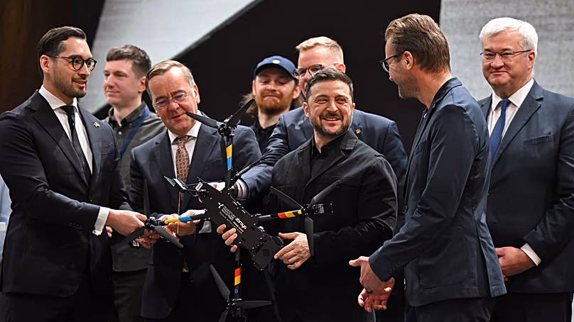 Zelenskyy, Pistorius and the Managing Director of Quantum Systems, Florian Seibel, at Quantum Frontline Industries near Munich on 13 February 2026