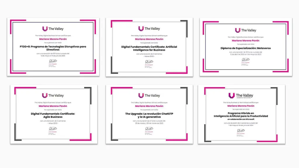 Los diplomas de The Valley, empresa socia de Carlos Barrabés, expedidos al exgerente del PSOE Mariano Moreno.