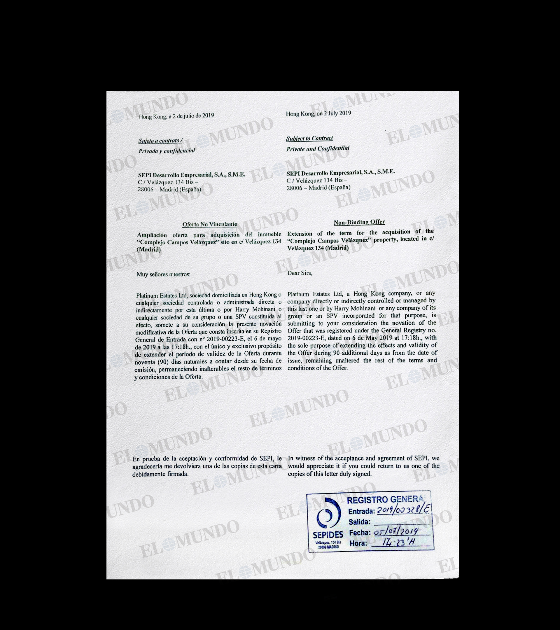 La ampliación de la oferta presentada por Koldo elaborada por el fondo de Hong Kong para el que intermedió Aldama.