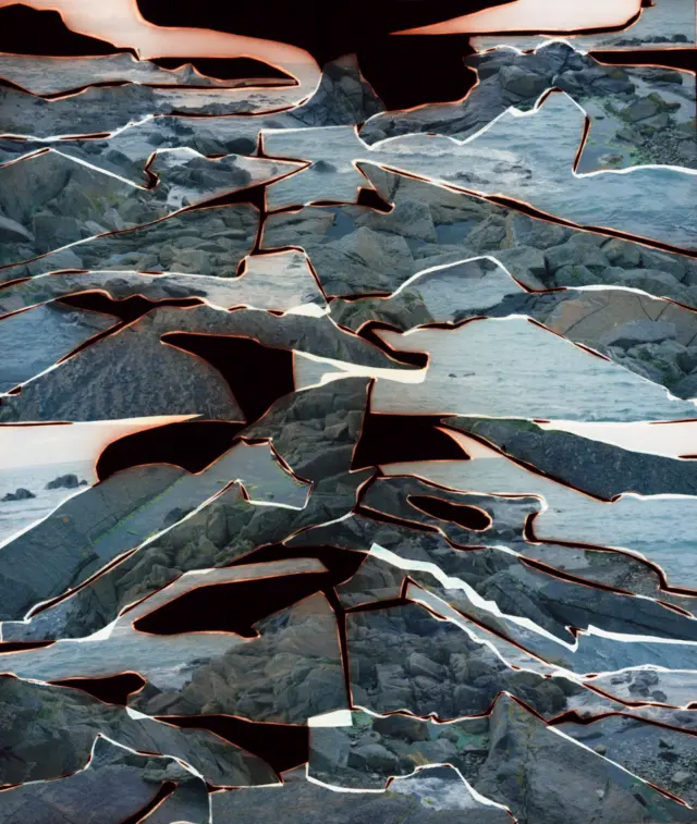 Un collage construido a partir de fragmentos de fotografías de paisajes para crear una imagen abstracta.
