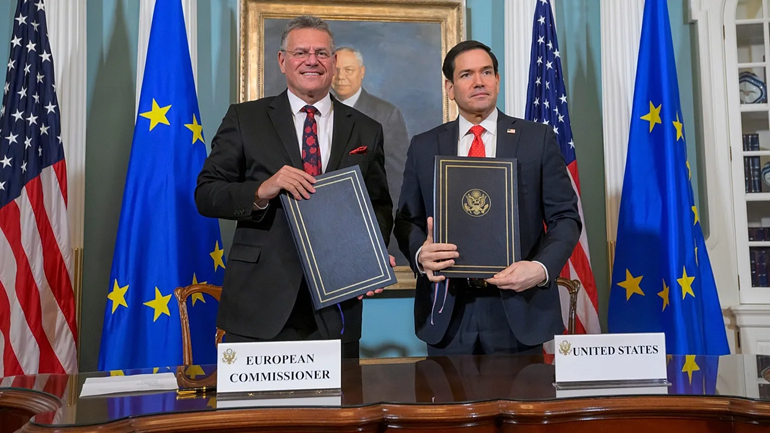 Secretary of State Marco Rubio and EU Commissioner for Trade and Economic Security Maros Sefcovic at the State Department, Friday, April 24, 2026, in Washington. 