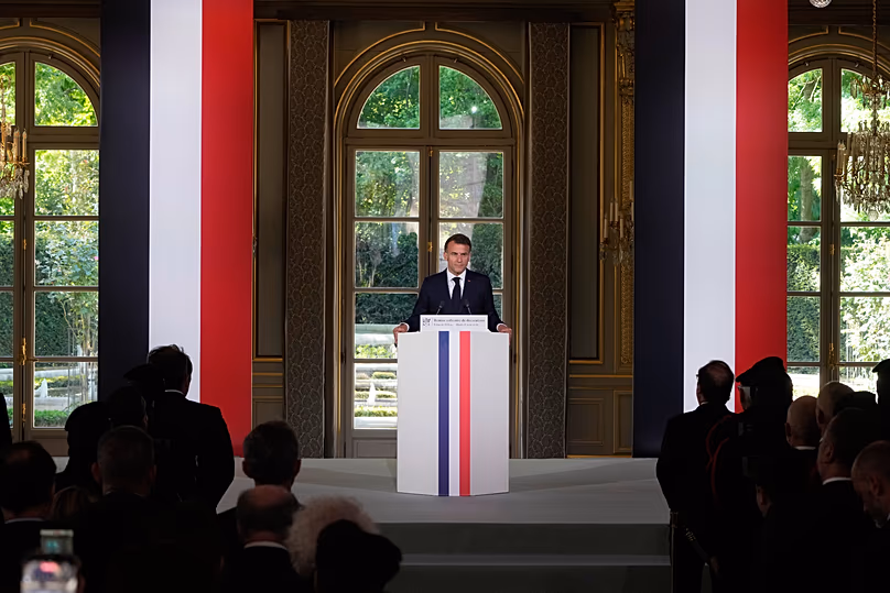 France's President Emmanuel Macron delivers a speech in Paris, 21 April, 2026
