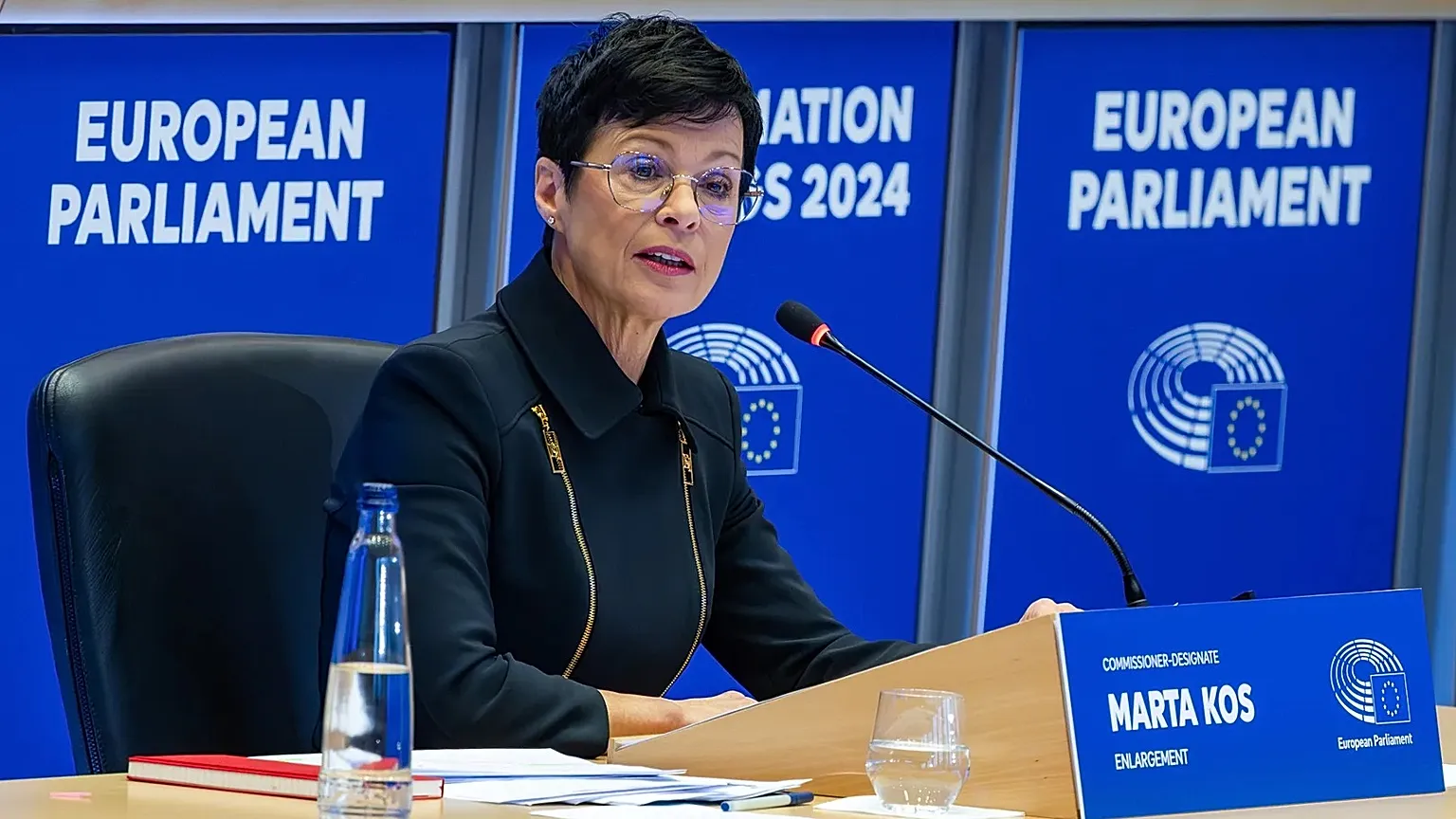 Slovenia's Marta Kos, nominee for Commissioner for Enlargement, makes her opening address during a confirmation hearing at the European Parliament in Brussels, 7 November 2024