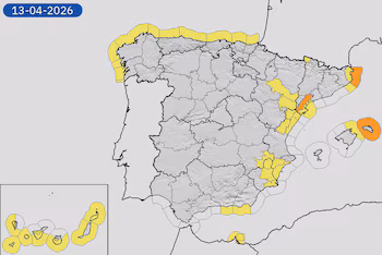 Mapa de alertas meteorológicas por viento, mala mar, tormentas, lluvias y nevadas para este lunes, 13 de abril de 2026. (Aemet)