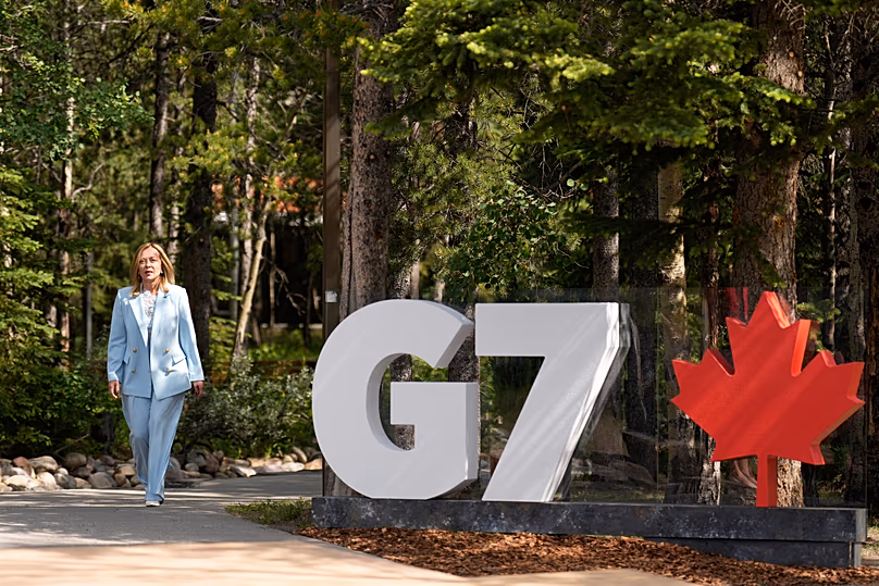 Italy's Prime Minister Giorgia Meloni arrives during the official welcome of the G7 Summit in Kananaskis, 16 June, 2025