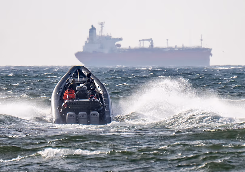 The Swedish Police National Task Force (NI) and the coastguard on their way to the already boarded tanker Sea Owl I outside Trelleborg, 13 March, 2026