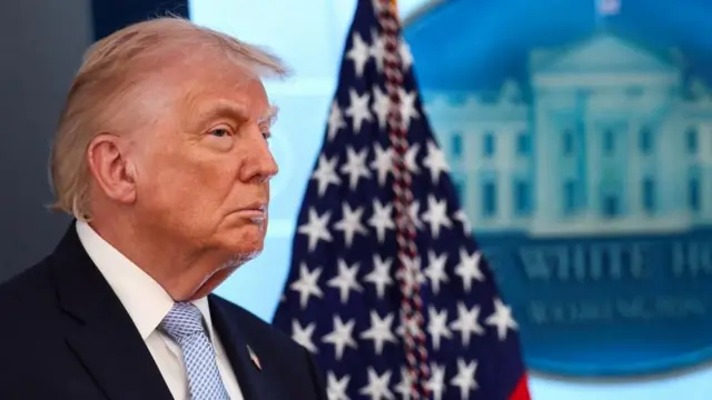 Donald Trump, con la bandera de EE.UU de fondo y el logo de la Casa Blanca difuminado