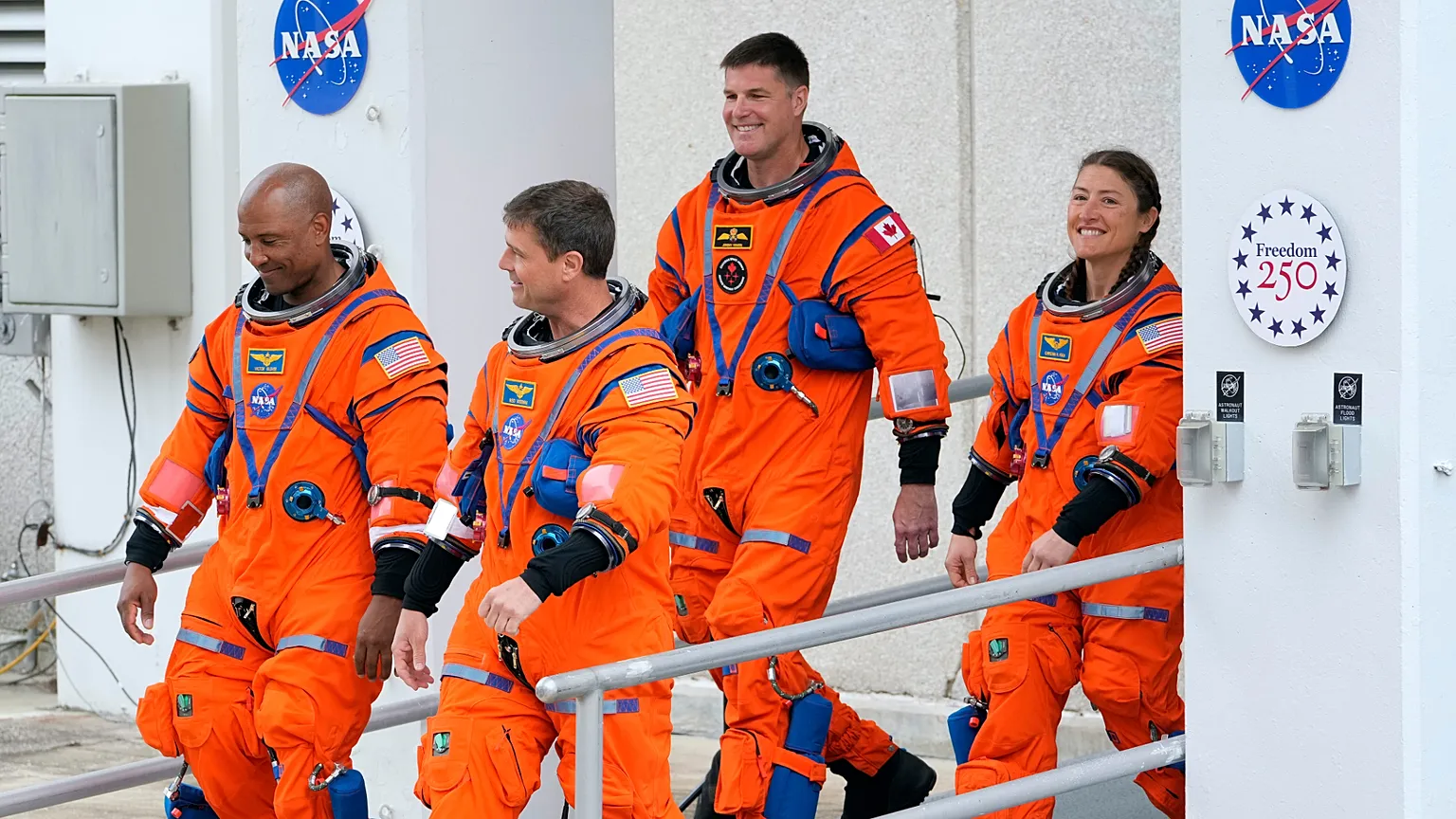 Artemis II astronauts leave the Operations and Checkout Building at the Kennedy Space Center Wednesday, April 1, 2026, in Cape Canaveral, Fla.