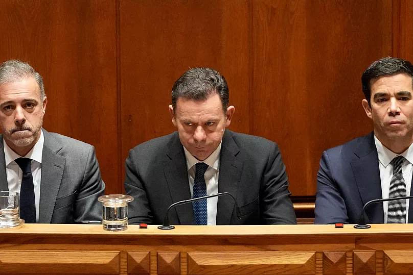 Portuguese Prime Minister Luís Montenegro, Pedro Duarte and Presidency Minister António Leitäo Amaro at the Portuguese Parliament in Lisbon, 11 March 2025