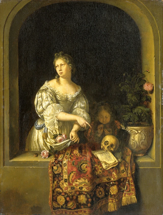 Una joven con flores en el delantal señala una calavera y una partitura musical sobre una alfombra persa en el alféizar de la ventana. Un niño sopla burbujas mientras una amapola se marchita en una maceta.