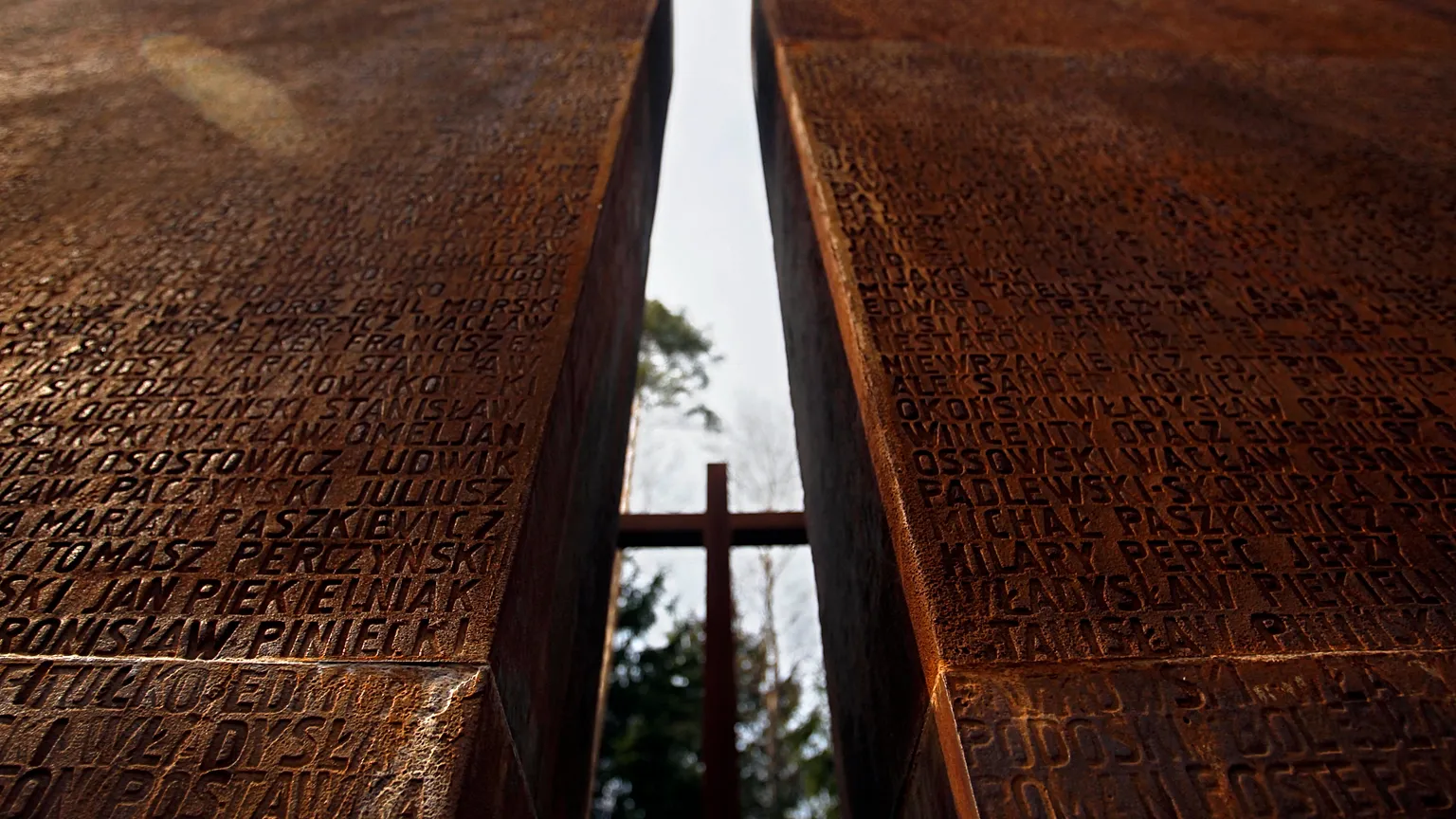 The names of the 22,000 Polish prisoners of war murdered by the NKVD in 1940 engraved on the wall of the Katyn memorial, 7 April 2010.
