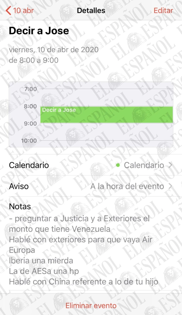 Agenda de Koldo García el 10 de abril de 2020 y el detalle del evento: Decir a Jose.