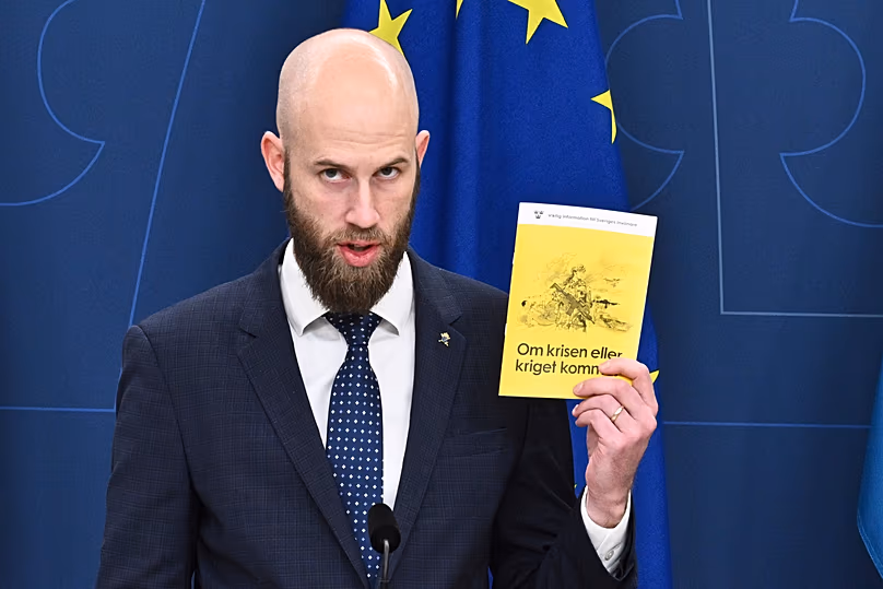 Sweden's Minister for Civil Defence Carl-Oskar Bohlin presents the new version of the booklet "If Crisis or War Comes" in Stockholm, 8 October, 2024