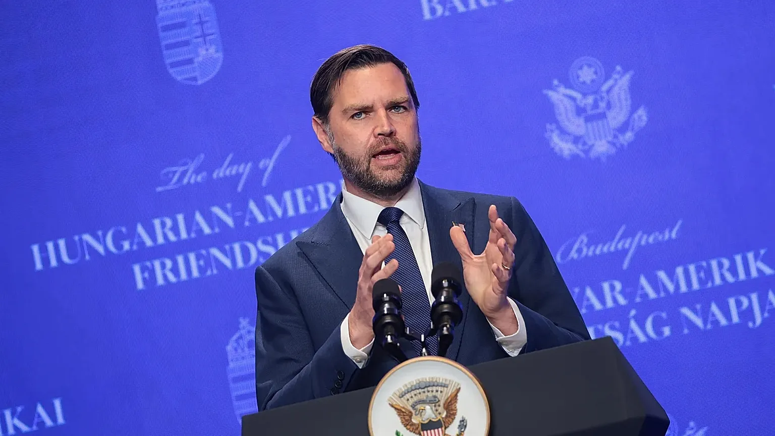U.S. Vice President JD Vance holds a joint press conference with Hungarian Prime Minister Viktor Orban in Budapest, Hungary Tuesday, April 7, 2026. (Jonathan Ernst/Pool Photo 