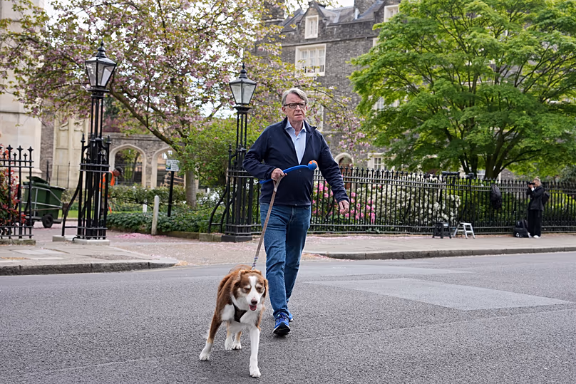Peter Mandelson is seen with his dog outside his home in London, 20 April, 2026 