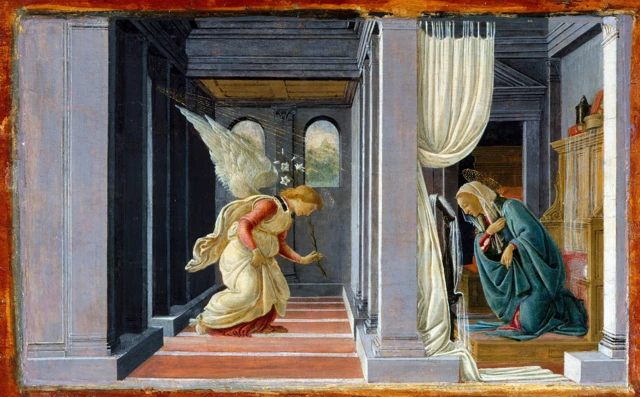 Obra La Anunciación, de Sandro Botticelli. El arcángel Gabriel se aparece a María