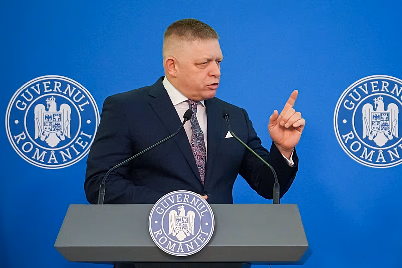 Slovakia's Prime Minister Robert Fico gestures during a press conference at the Romanian government headquarters in Bucharest, 27 March, 2026