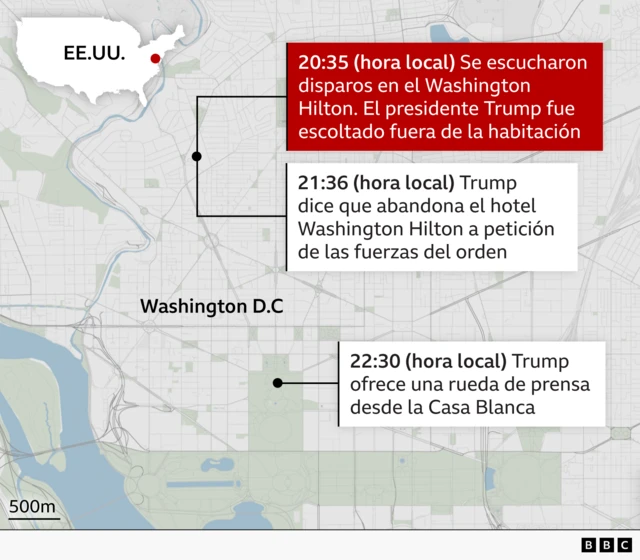 Mapa que muestra los lugares y las horas en las que ocurrió el tiroteo y la evacuación del presidente Trump.