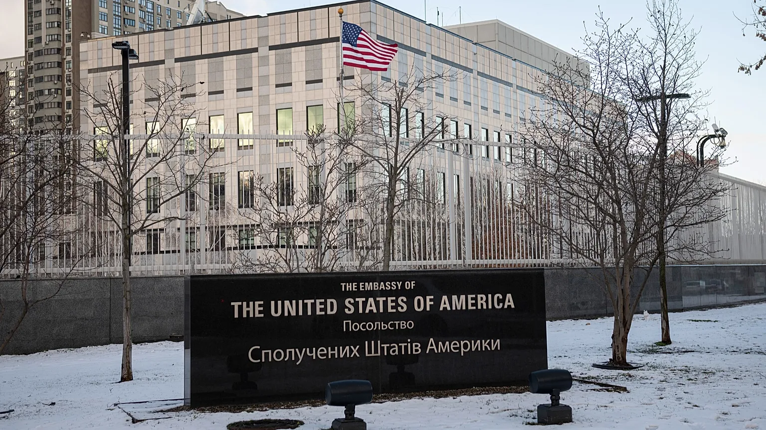 FILE - A view of the U.S. Embassy in Kyiv, Ukraine, Saturday, Feb. 12, 2022.