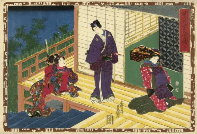 El príncipe Genji en una terraza con dos mujeres.