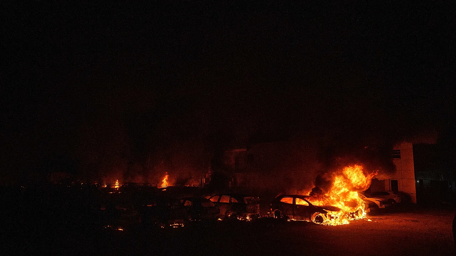 Cars burn after a Russian strike in Kyiv, Ukraine, on Thursday, April 16, 2026. 