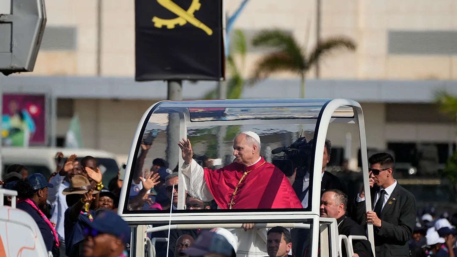 Pope Leo XIV waves after arriving in Luanda, Angola, on Saturday, 18 April 2026, on the sixth day of his 11-day pastoral visit to Africa