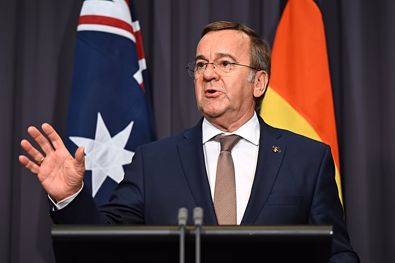 Germany's Defence Minister Boris Pistorius speaks to the media during a press conference at Parliament House in Canberra, 26 March, 2026