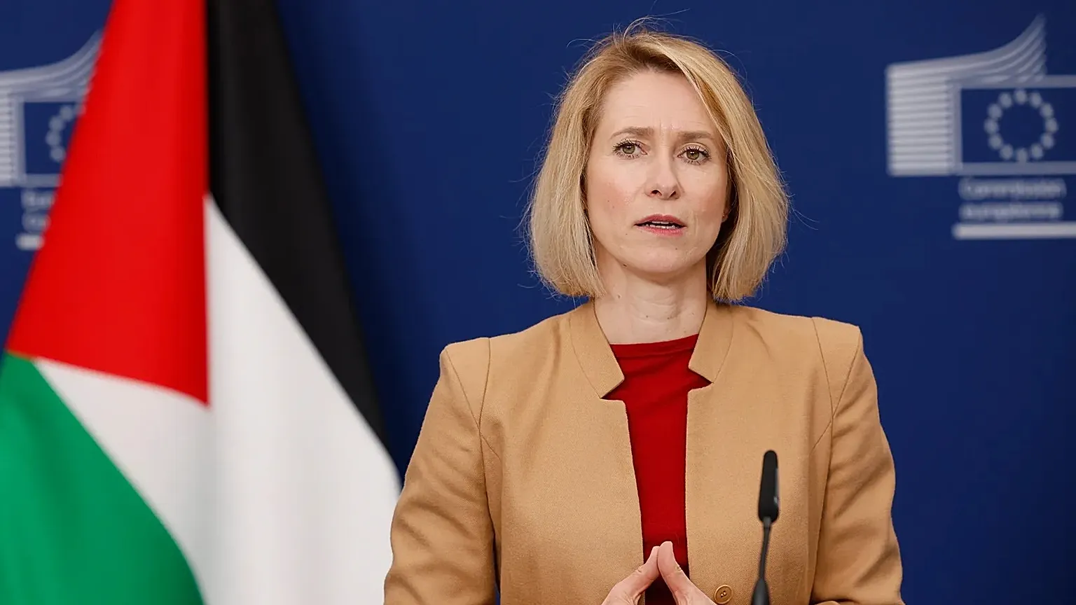 European Union foreign policy chief Kaja Kallas addresses a media conference after level discussions on the Two-State Solution and support to Palestine