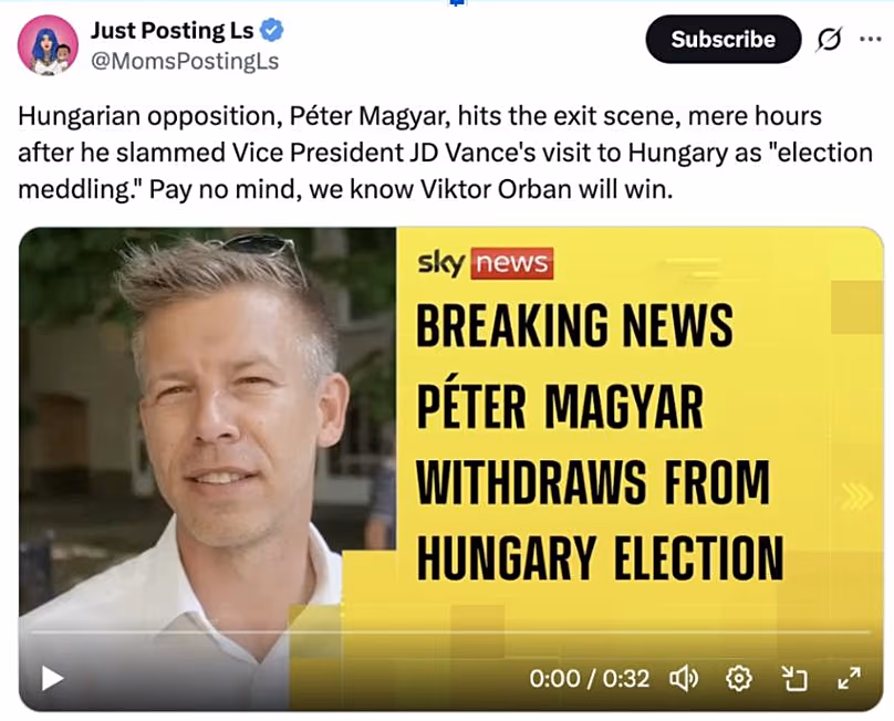 Fake Sky News report claims that Magyar with withdraw from Hungarian elections. 