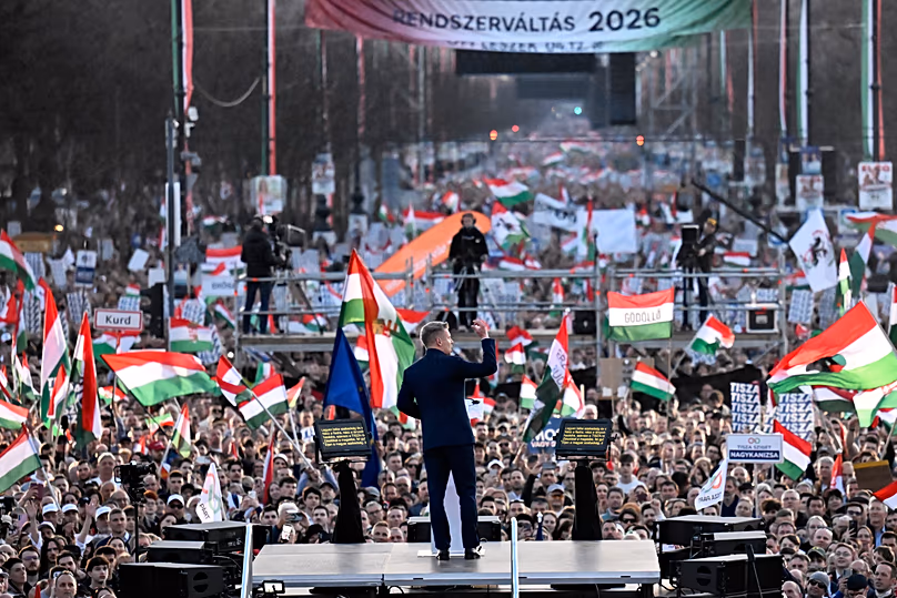 Péter Magyar holds a rally in Andrássy Avenue, Budapest on 15 March 2024.