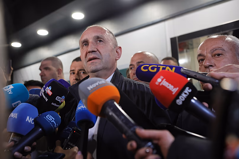 Former Bulgarian President Rumen Radev speaks to journalists after the polls closed in Sunday's election in Sofia, 19 April, 2026