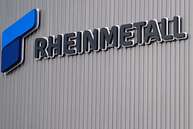 The logo of German arms manufacturer Rheinmetall is pictured in Unterlüß, 27 August, 2025