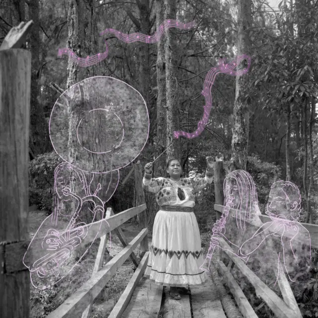 Fotografía de una mujer de la comunidad indígena yalalteca, México, con una ilustración digital superpuesta.