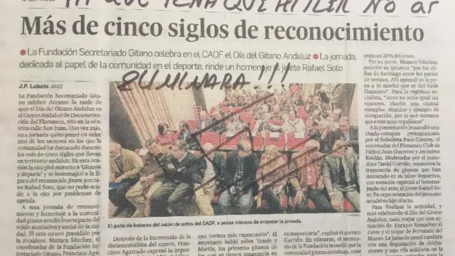 Un recorte de prensa anónimo que recibió el Secretariado Gitano de Jerez