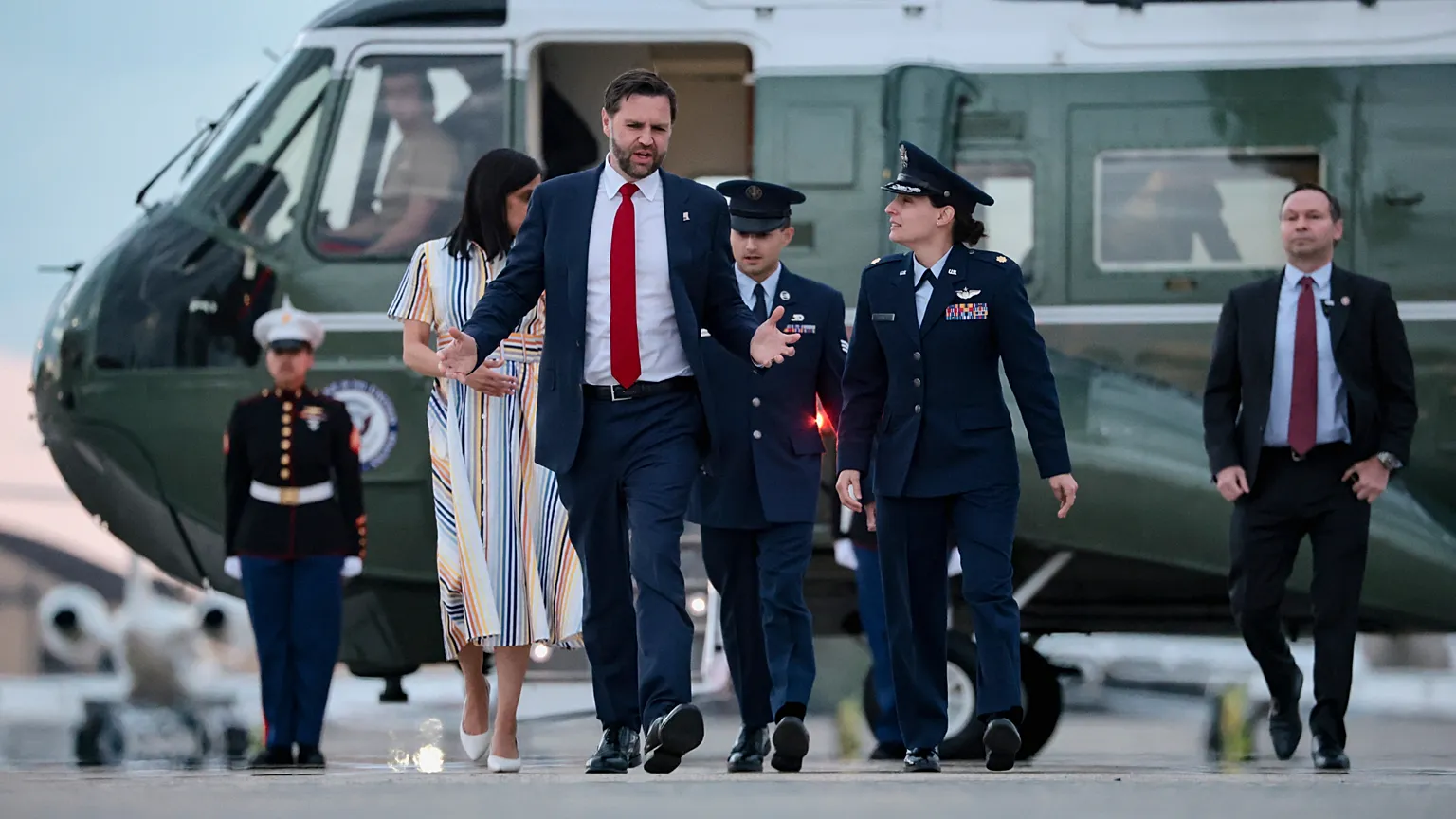 Vice President JD Vance and second lady Usha Vance walk to board Air Force Two to depart for Budapest, at Joint Base Andrews, Md., Monday, April 6, 2026. 