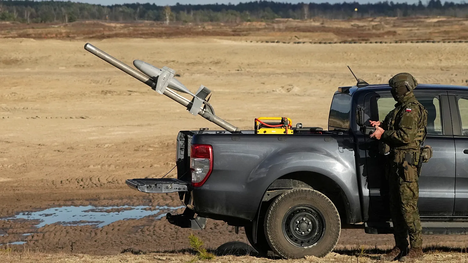 The American Merops drone system, deployed by Poland and Romania to defend Russian drones, is tested in Nowa Deba, Poland, Tuesday, 18 Nov, 2025.