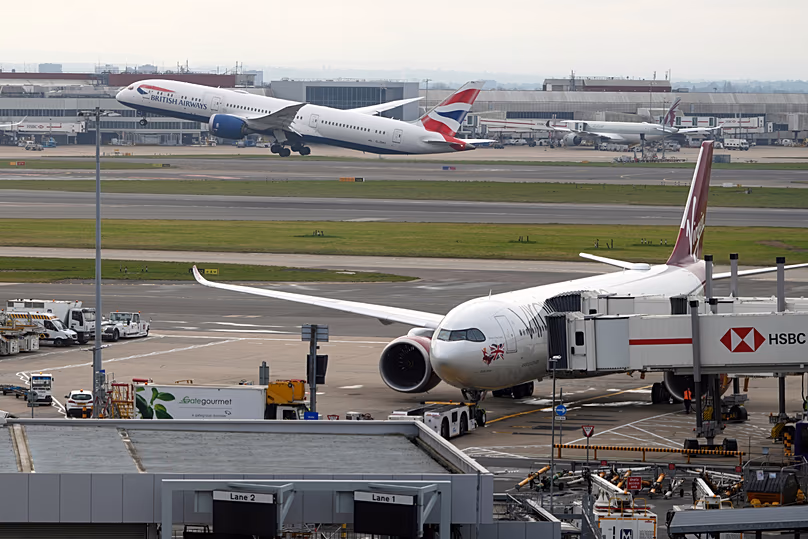 A British Airways plane takes off from Heathrow Airport, 22 March, 2025