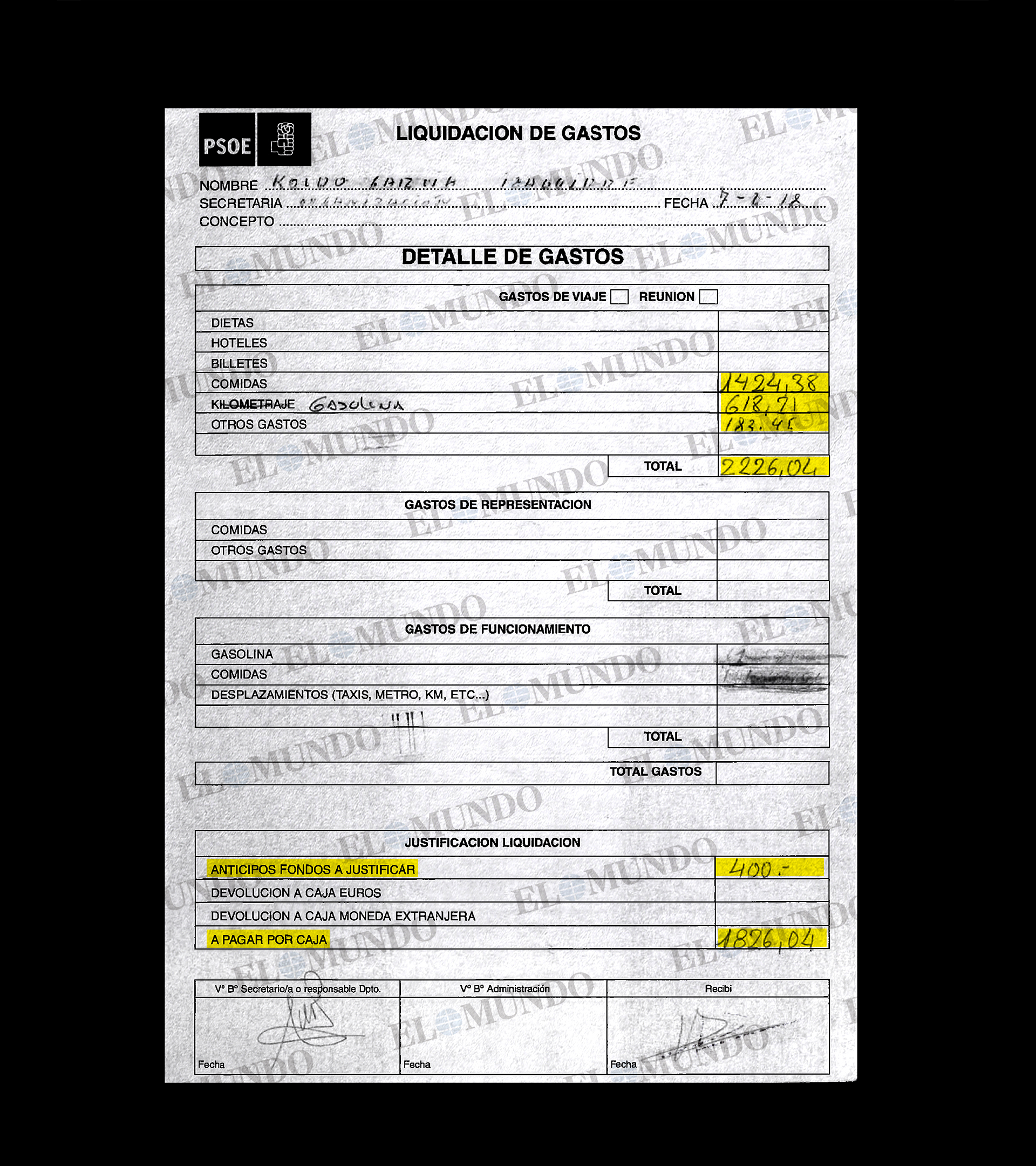 Imagen de una hoja de liquidación de gastos a nombre de Koldo García.