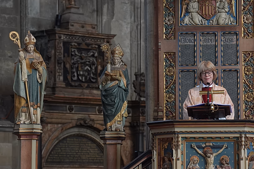 The Archbishop of Canterbury Sarah Mullally delivers her sermon as she leads the Easter Sung Eucharist at Canterbury Cathedral in Kent, 5 April, 2026