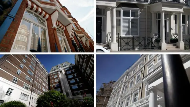 Collage de fotos que muestran varios de los edificios en Londres donde Epstein tenía apartamentos alquilados.